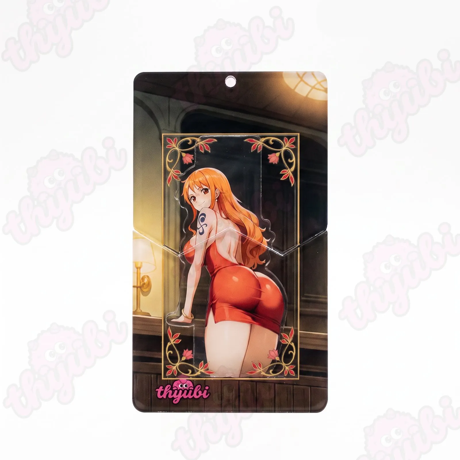 Sliding Pull-Tab Acrylic Keychain & Magnet &ndash; Tattooed Orange-Haired Girl in Red Tight Dress - thyubioffcial