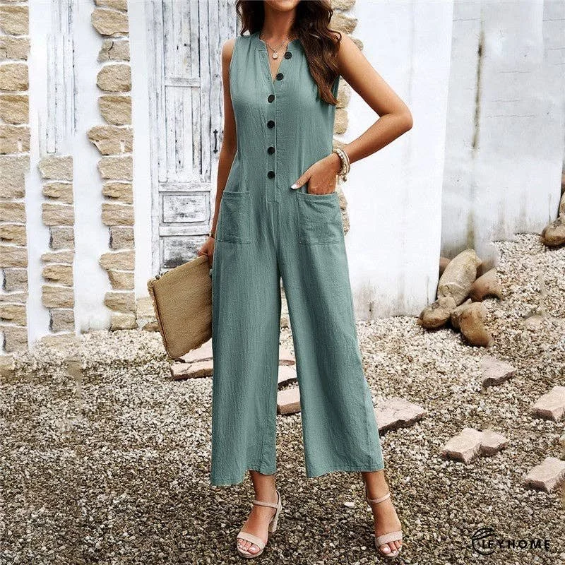 Solid Color Sleeveless Jumpsuit With Button Closure | IFYHOME