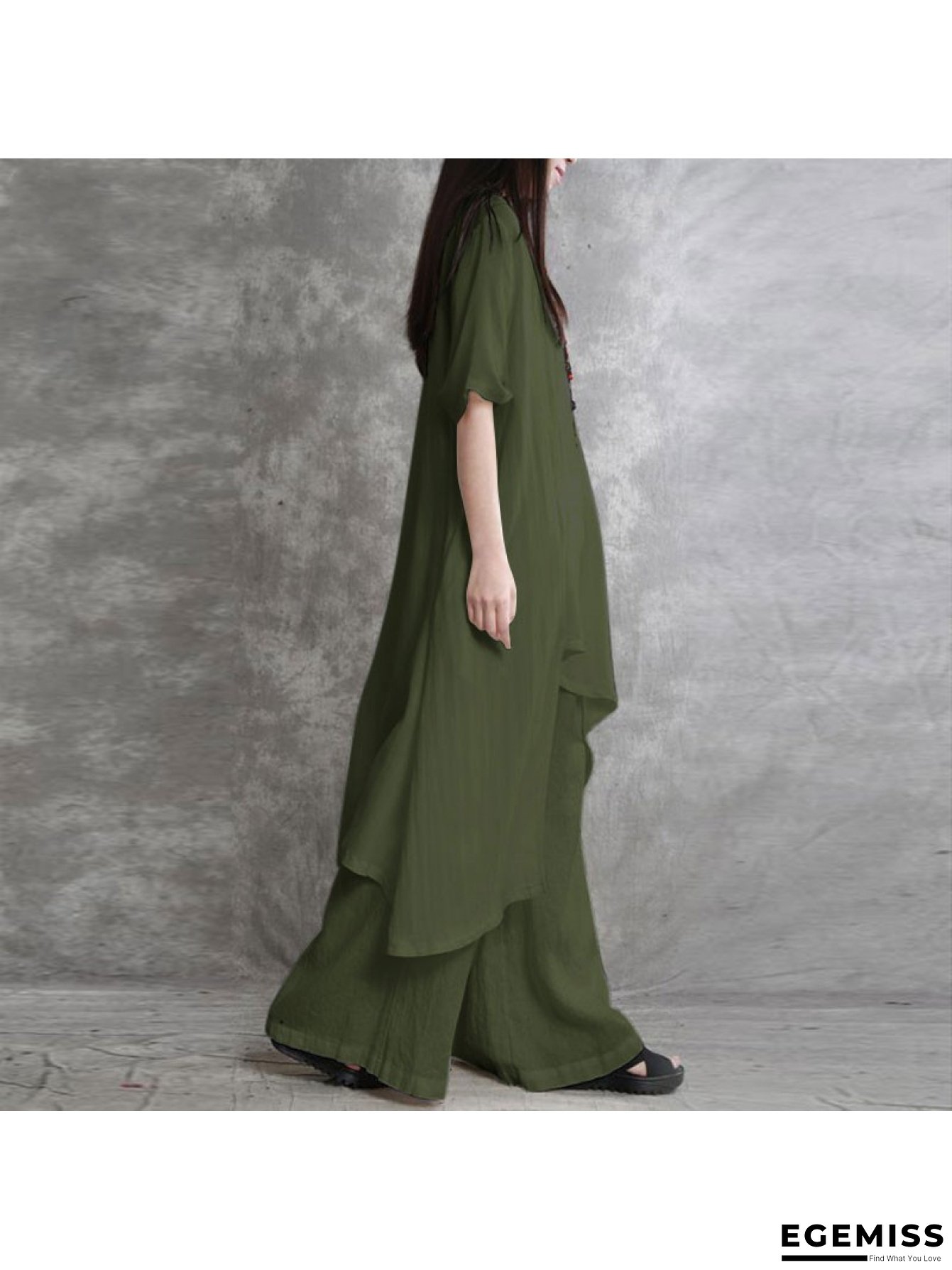 Plus Size - Plus Size Women's Casual And Linen 2pcs Suit - O-Neck Top, Long Sleeve, Wide Leg Pants, Solid Color, Casual, Casual |Wide Leg Pants|Nonstretch Fabric | EGEMISS