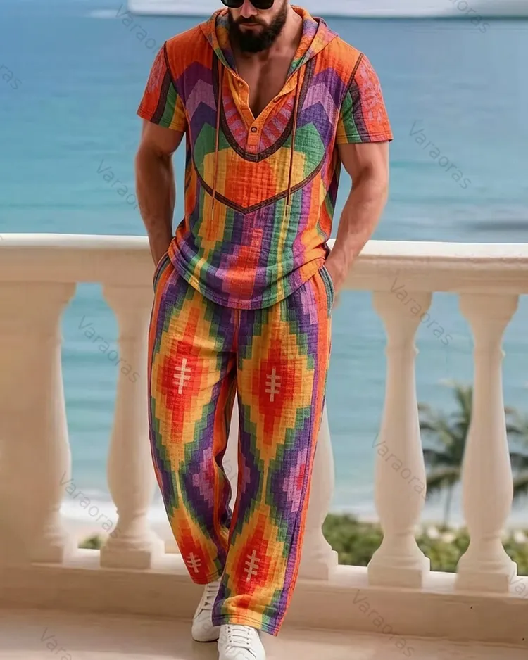 Men's Music Festival-Themed Colorful Diamond-Print Short-Sleeve Top and Long Pants Set 3632