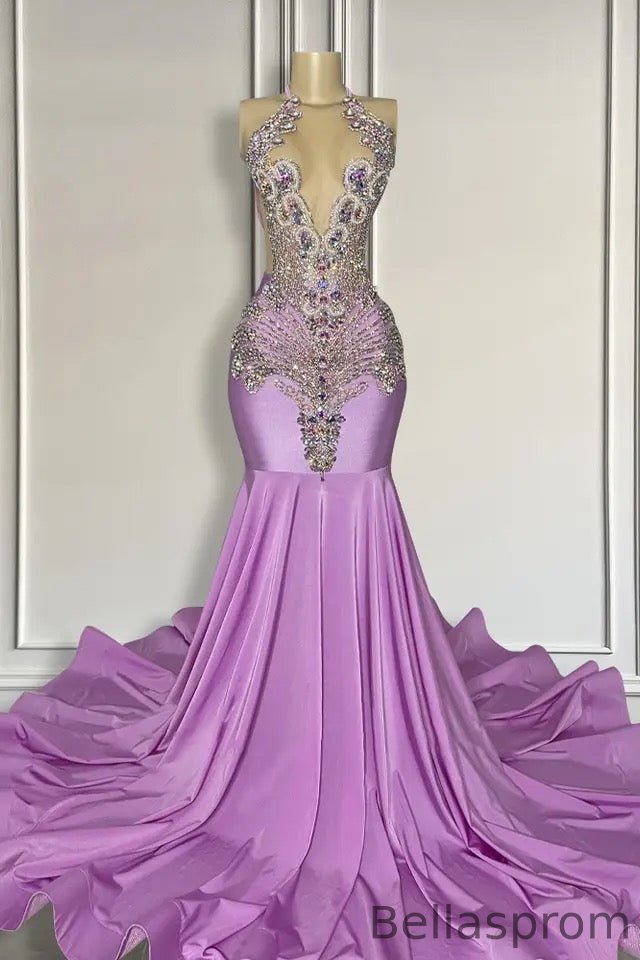 Bellasprom Lilac Halter Mermaid Prom Dress Sleeveless Long With Beadings Bellasprom
