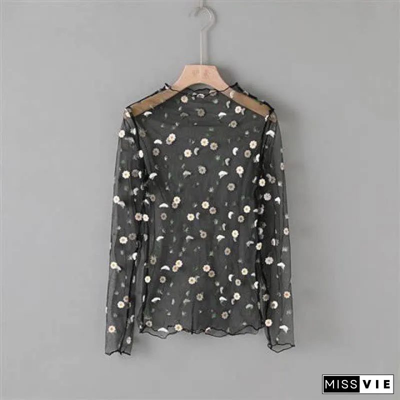 Mesh flower pattern long sleeve top