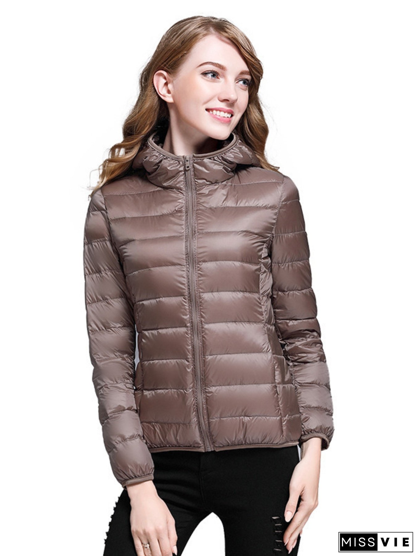 Women Cropped Puffer Jacket Lightweight Solid Color Warm down Hoodie Zipper Cardigan with Pockets for Winter Outwear