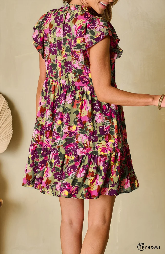 Floral Print Ruched Flutter Sleeve Frilled Neck Mini Dress | IFYHOME