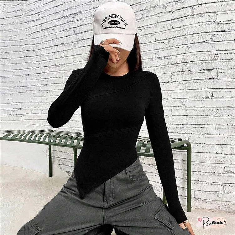Asymmetric Round Neck Slim Fit Long Sleeve T-Shirt