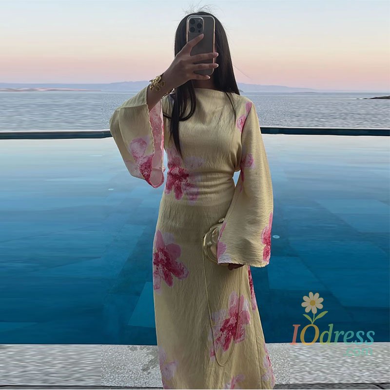 IO Dress Casual Women's Printed Dress Long Sleeve O-Neck Waist-Closed Lady Dresses 2025 Summer Fall Fashion Female Vacation Vestidos