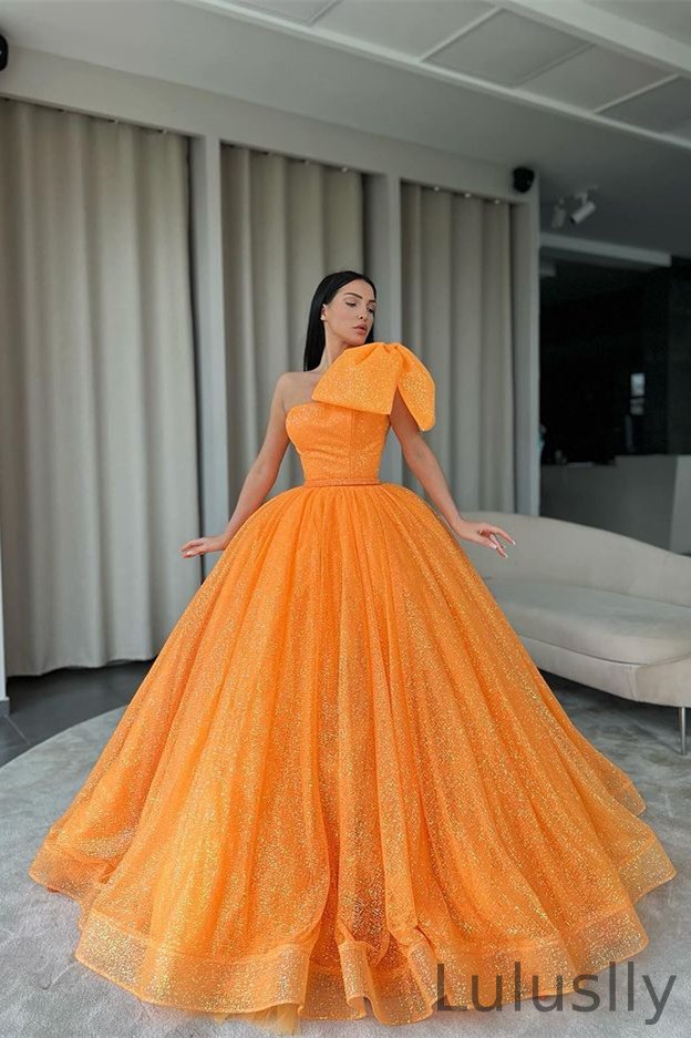Luluslly One Shoulder Ball Gown Orange Prom Dress Sequins With Bowknot