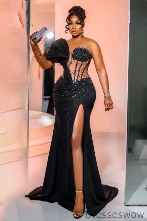 Dresseswow Black One Shoulder Long Sleeve Evening Gowns Mermaid Slit With Beads