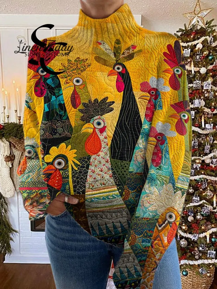 Turkey Art Print Knit Turtleneck Pullover Sweater