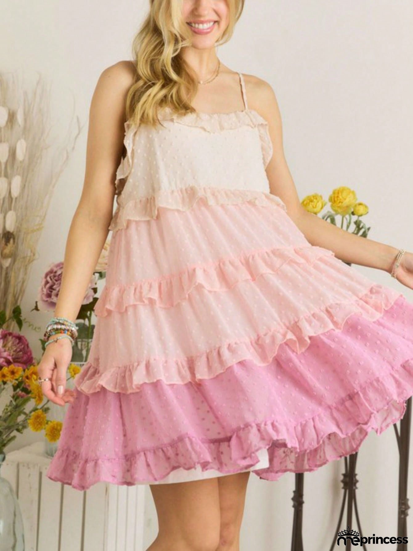 Womens Casual Boho Romantic Chic Tiered Ruffles Swiss Dot Babydoll Mini Dress Ombre Pink White Spaghetti Strap Square Neck Flowy Summer Spring Party Beach Vacation Dress