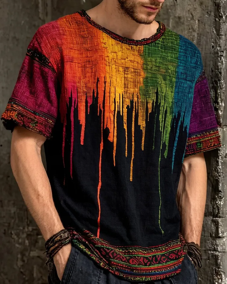 Men's Summer Fashion Rainbow-Colored  Linen Short-Sleeve Top 4355