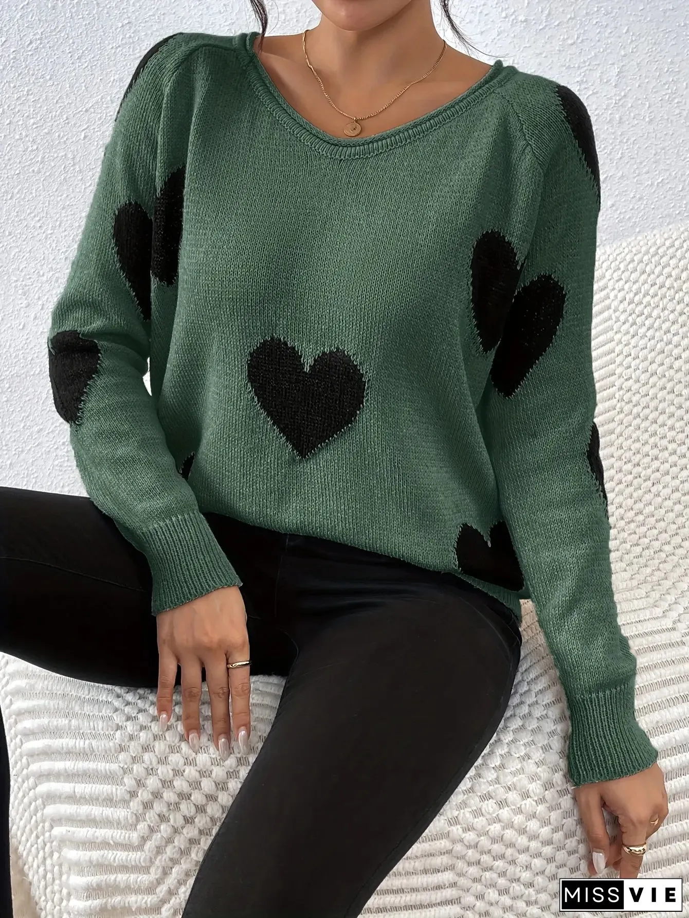 Womens Long-Sleeve Black Sweater with Red Heart Contrast Color-Block Design Middle