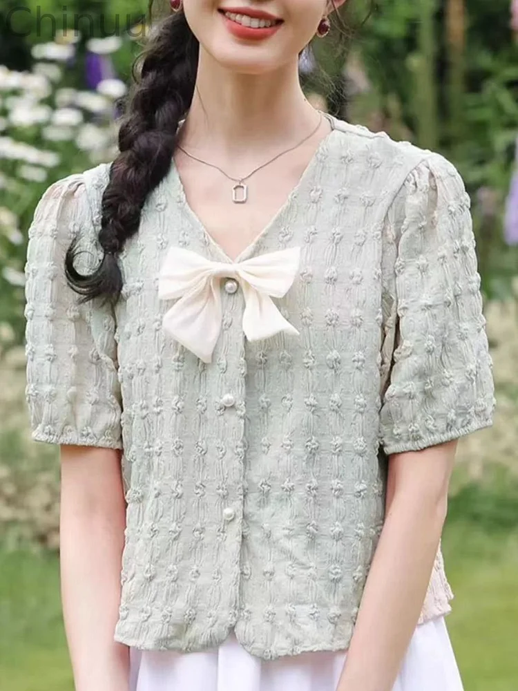 V-neck Short-sleeved Bow Shirt -Green