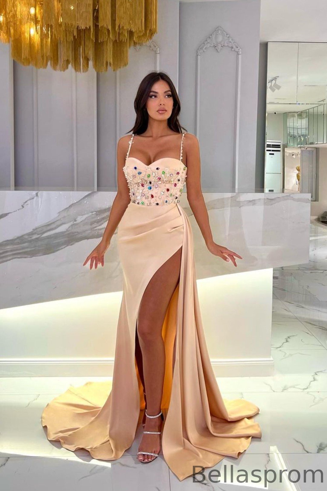 Bellasprom Spaghetti-Straps Sweetheart Mermaid Prom Dress Beaded With Split Bellasprom