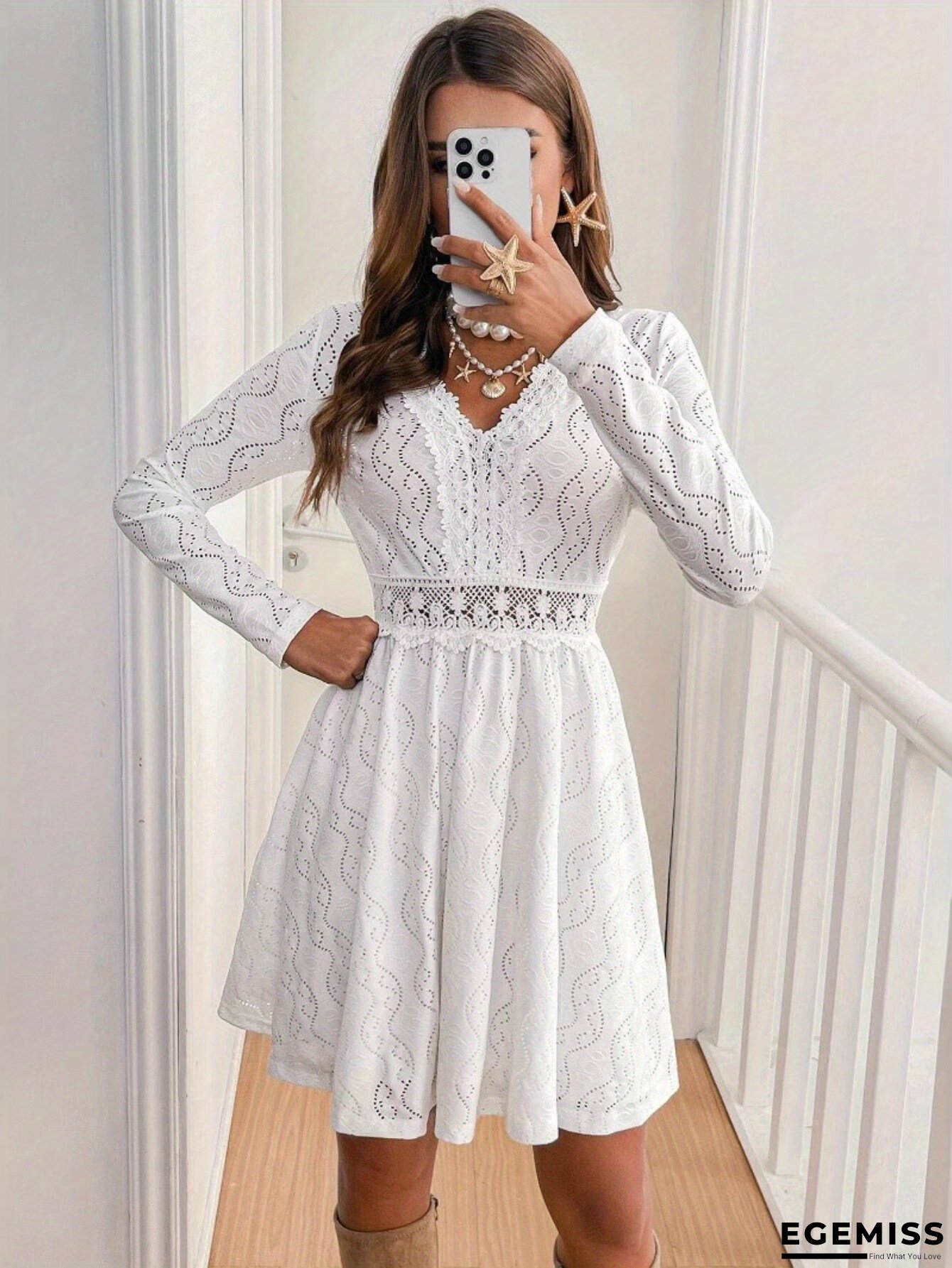 Women's Elegant Lace Patchwork Mini Dress - Sleeveless A-Line Sundress With Scalloped Trim, Loose Fit Round Neck, Solid Color & Floral Pattern, All-Season Casual To Formal Wear, H-Silhouette, No Belt Needed, Lace Dress, Versatile Fashion | EGEMISS