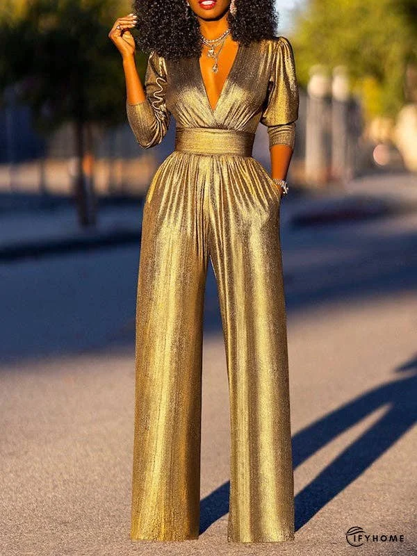 High Waisted Three-Quarter Sleeves Pleated Solid Color Deep V-Neck Jumpsuits | IFYHOME