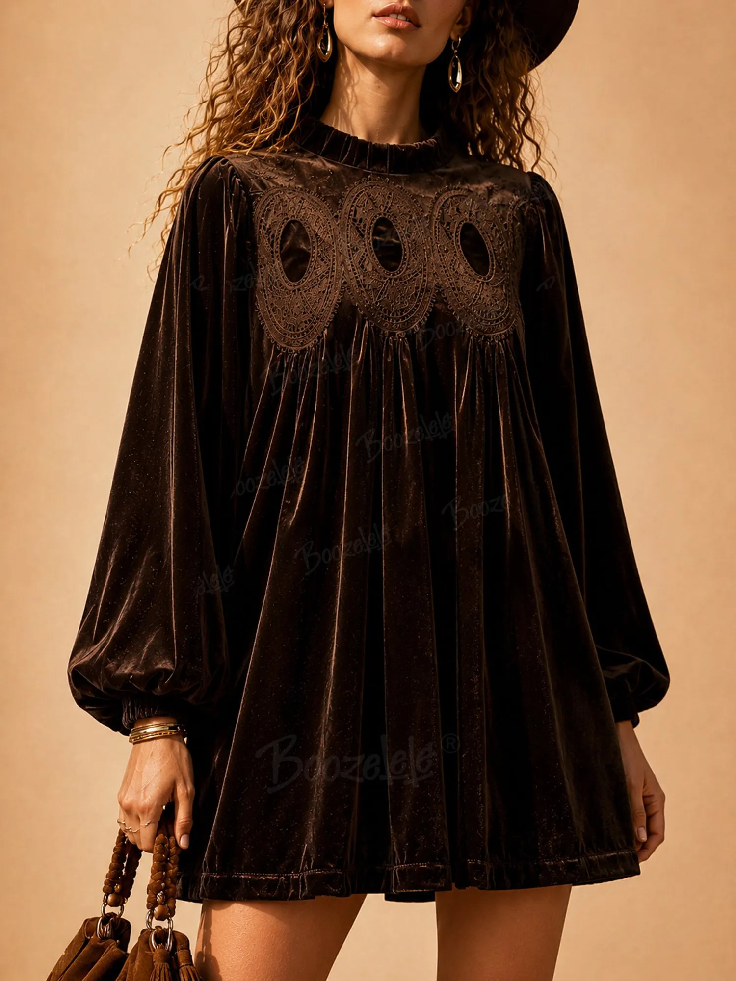 Retro Music Festival & Daily Luxury -  Heavy Lace Insertion Mock Neck Lantern Sleeve Velvet 2026 Fall/Winter Women's Boho Loose Babydoll Mini Dress