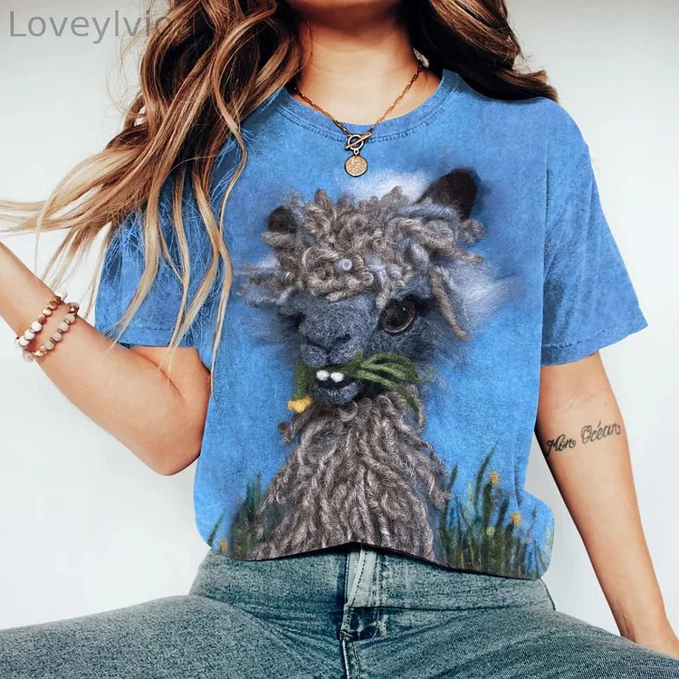 Cute Alpaca Print Round Neck Short Sleeve T-Shirt