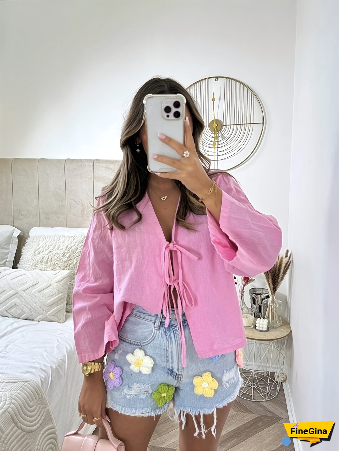 Women‘s Elegant Blouse - Soft Pink Tie-front Shirt, Round Neck Blouse for Spring/Summer, Office, Party, Everyday Outfits - Women‘s Clothing, Casual Wear, Tiefront Design, Quality Stitching, Stylish Top, Women, Party Outfit, Feminine Top