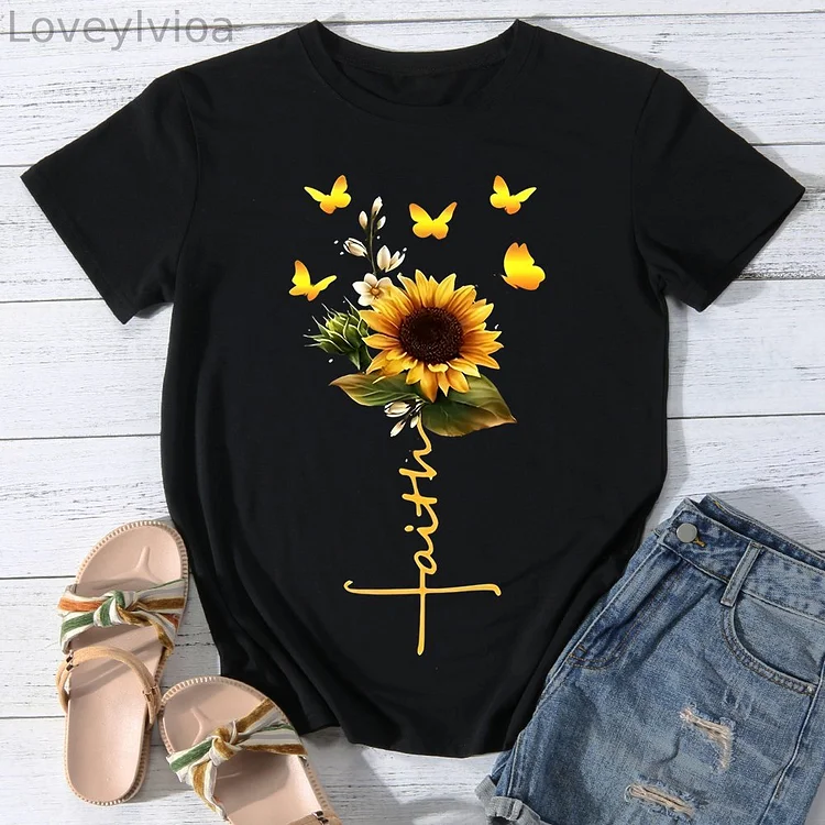 Faith Butterfly Sunflowers Casual Round Neck T-Shirt -BSTC1330