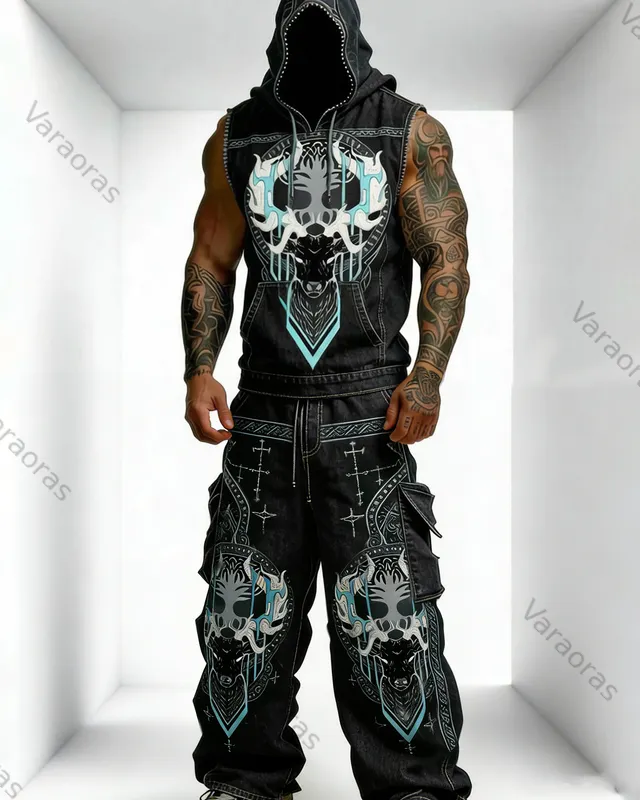 Men's Summer Outdoor Fashion: Viking Odin Embroidered Sleeveless Hoodie and Pants Set 9639