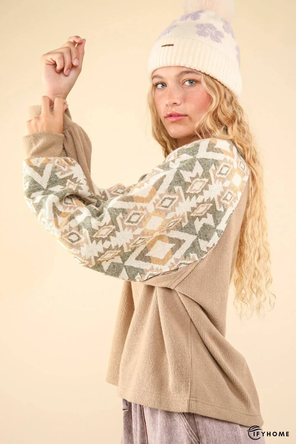 VERY J Printed Long Sleeve Round Neck Knit Top | IFYHOME