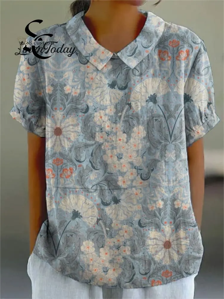 Women's Vintage Flower Print Casual Cotton And Linen Shirt