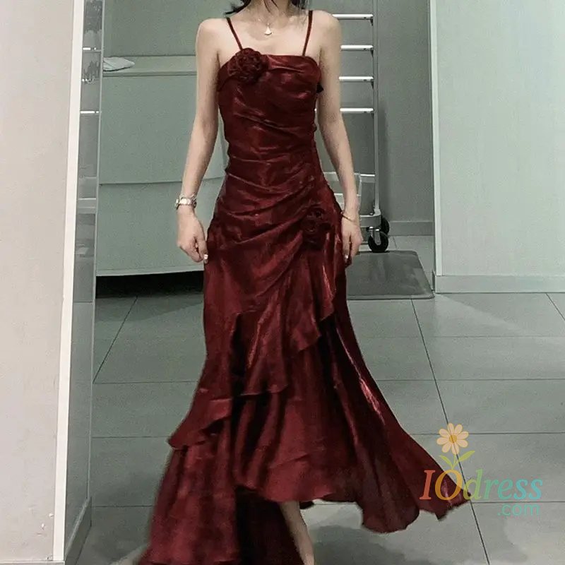 IO Dress Korean Vintage Velvet Long Dress Women Luxury Slim Mermaid Spaghetti Strap Floral Dress Elegant Sexy Casual Evening Party Dress