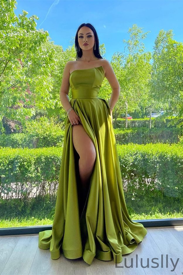 Luluslly Green Strapless Long Prom Dress With Slit