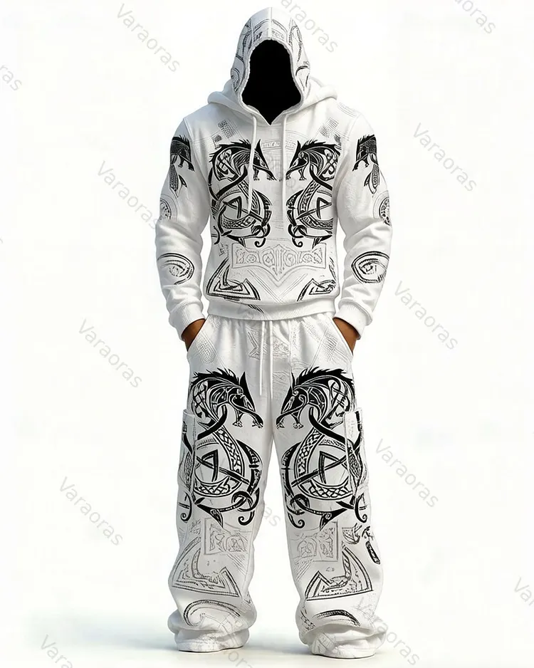 Men's Viking-Style Color-Blocked Knot Embroidered Hoodie and Pants Set 5792