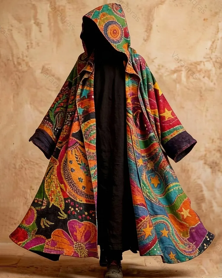 Men's Fashion Star and Moon Print Gradient Color Linen Hooded Cape 8529