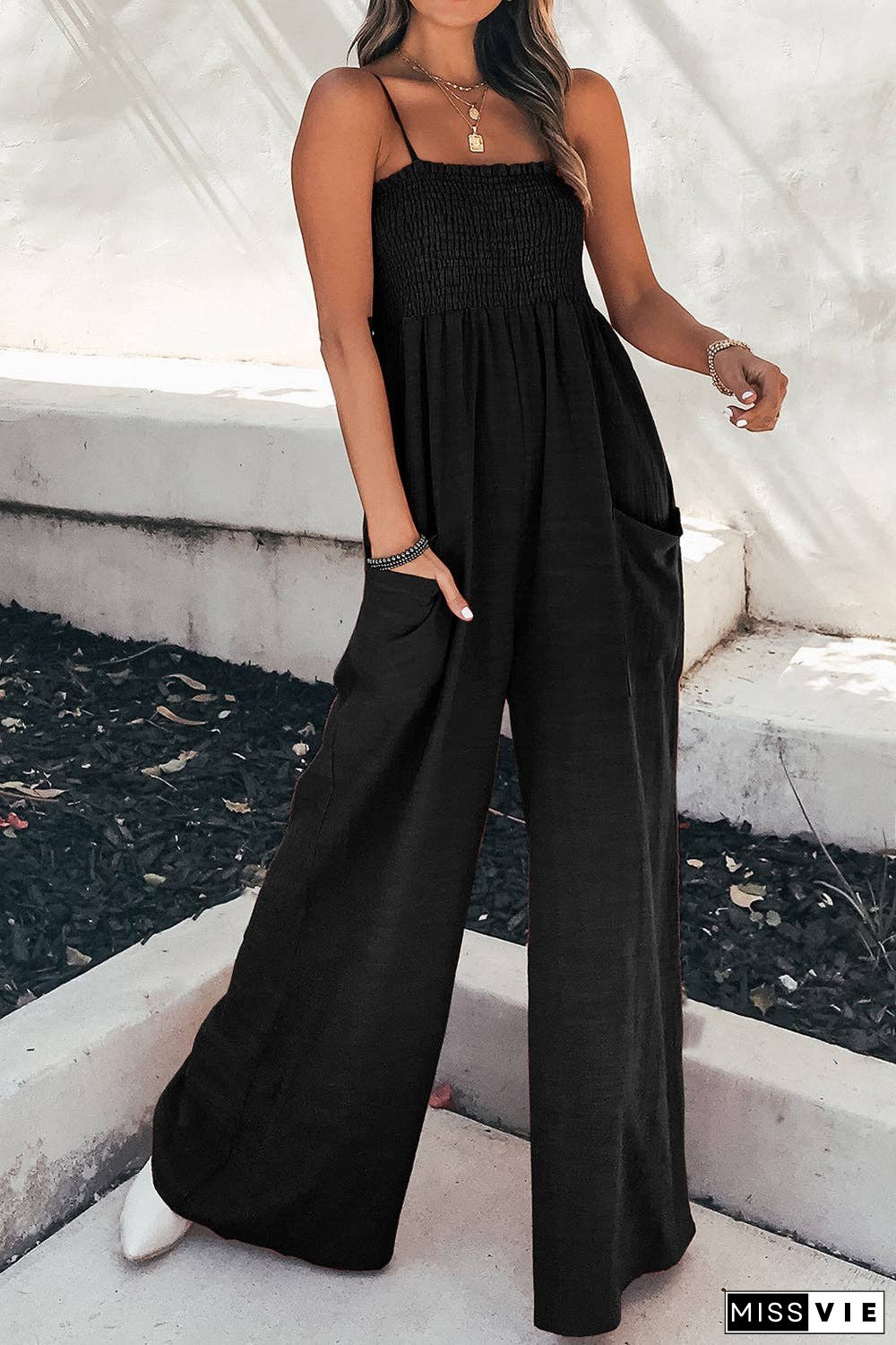 Smocked Spaghetti Strap Wide Leg Jumpsuit - Pocketed