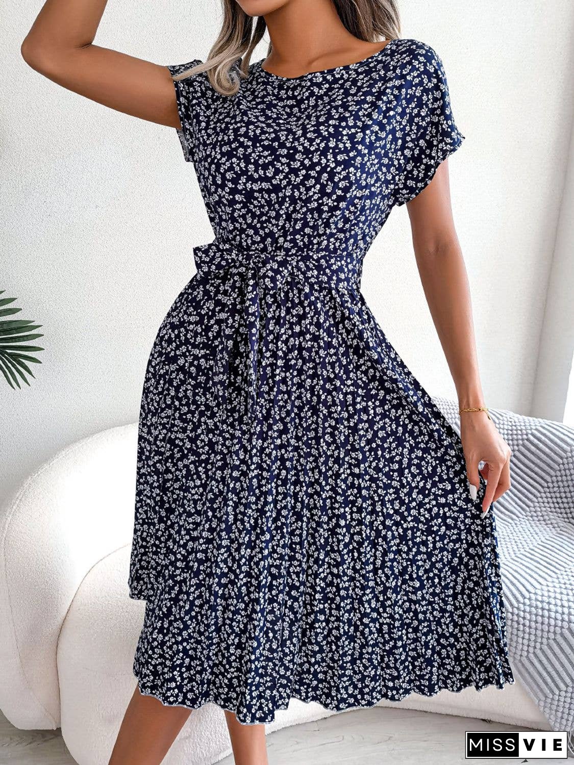 Ditsy Floral Pleated Belted Dress