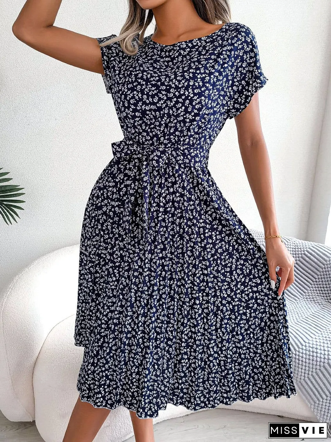 Ditsy Floral Pleated Belted Dress