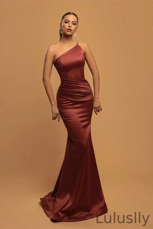 Luluslly Cabernet One Shoulder Prom Dress Long Mermaid With Pleats