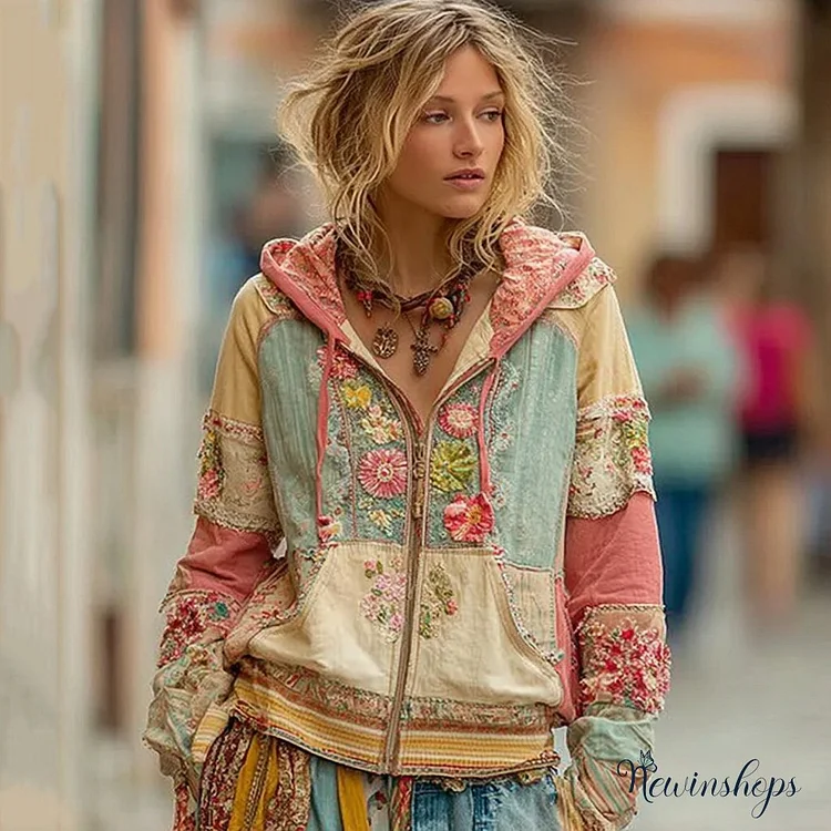 Women's Vintage Bohemian Floral Panel Comfort Warm Zip Hoodie