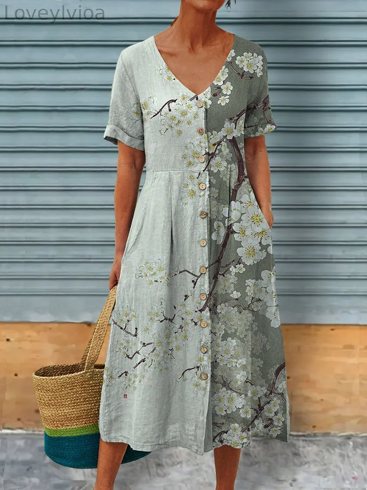 Nature Art Printed Women's Linen Pocket Tunic Dress