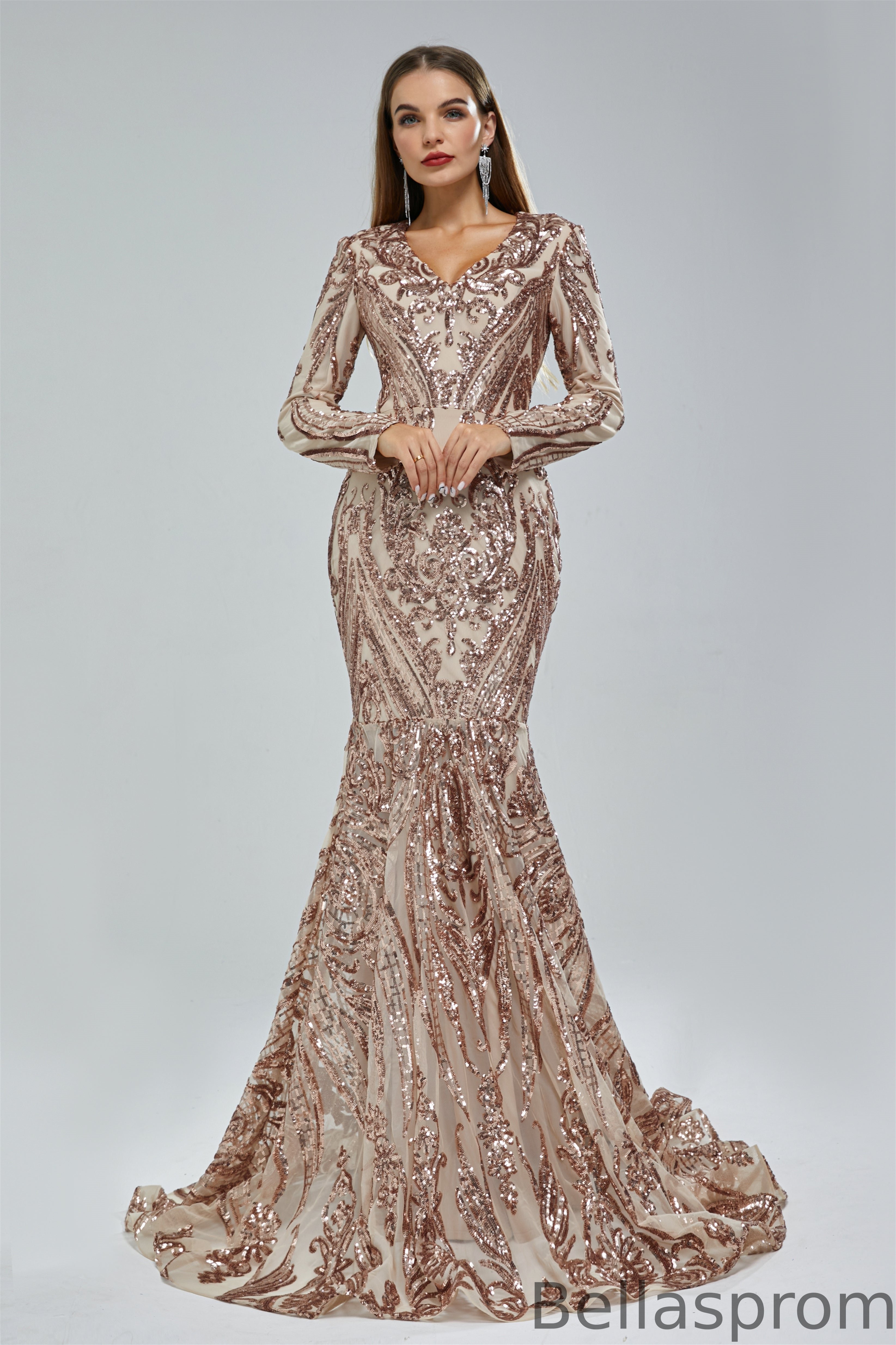 Bellasprom V-Neck Mermaid Prom Dress Long Sleeves Sequins Long Bellasprom