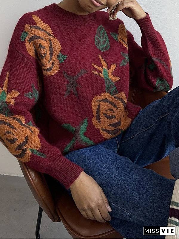 Long Sleeves Loose Flower Print Round-Neck Pullovers Sweater Tops