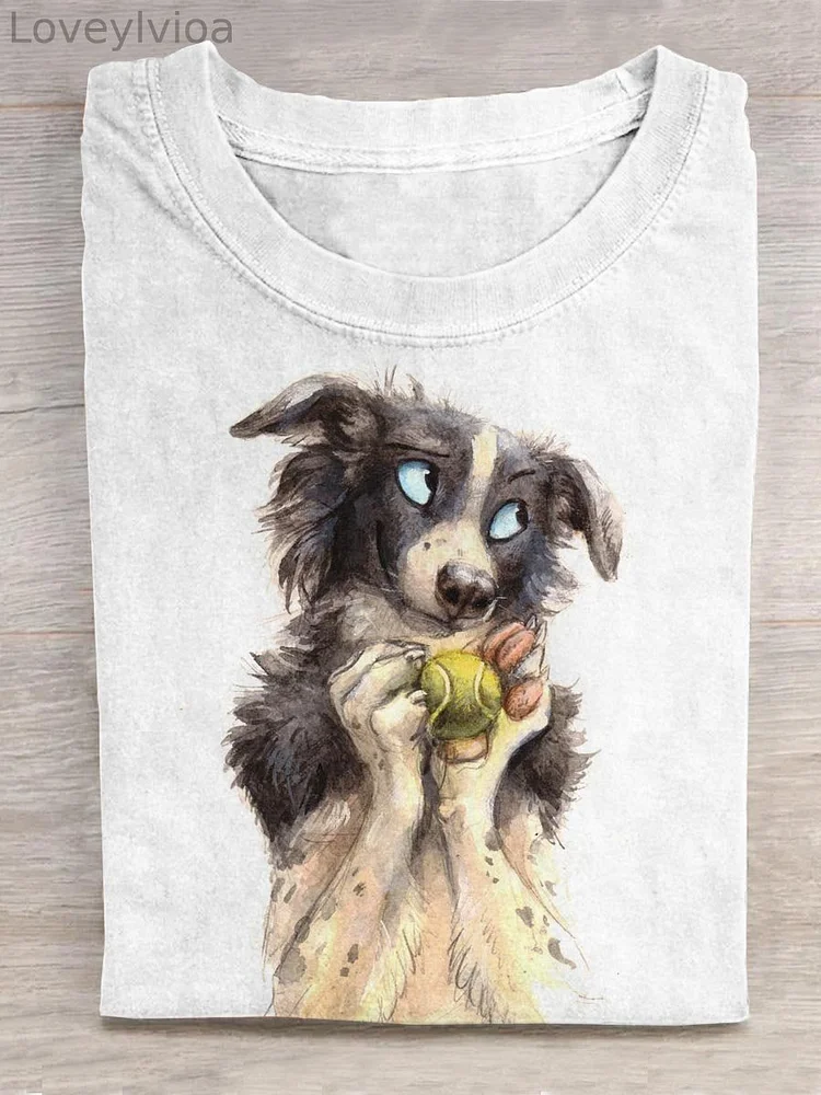 Cute Dog Plays Tennis Art Print Casual T-shirt