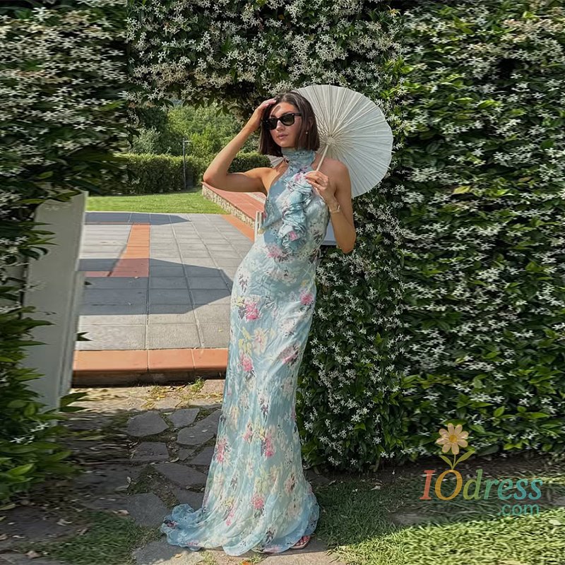 IO Dress Chic Floral Printed Maxi Halter Dress Chiffon Backless Off Shoulder Long Robes Elegant Party Gowns Vestidos 2025 Women Dresses IO Dress