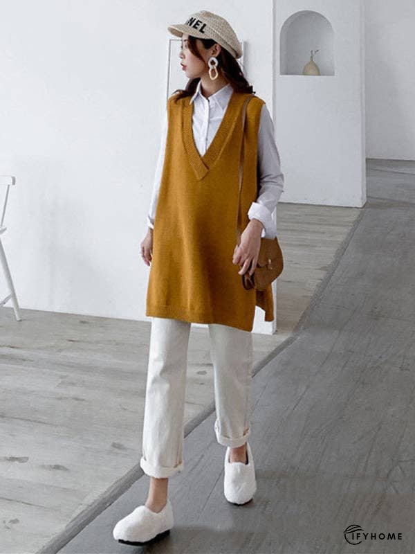 Trendy Sleeveless Split-Side Solid Color V-Neck Knitted Vest | IFYHOME