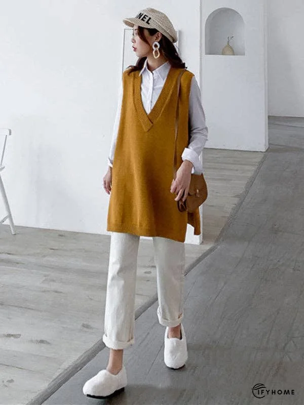Trendy Sleeveless Split-Side Solid Color V-Neck Knitted Vest | IFYHOME