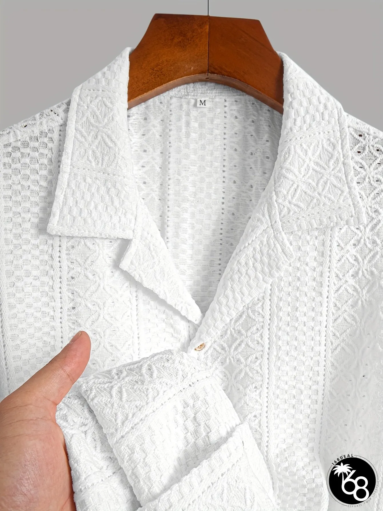 Mens Summer Casual Short Sleeve Shirt jacquard knit hollow geometric pattern leisure | 168DEAL