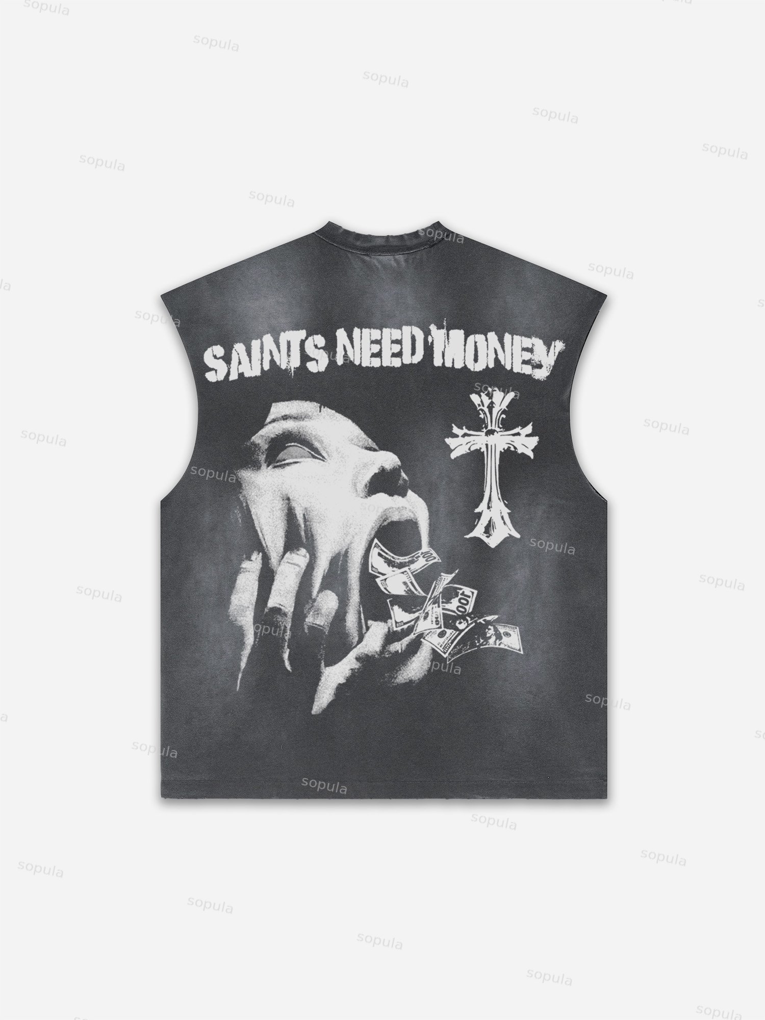 Saints Need Money Too Retro Graphic Distressed Tank Top