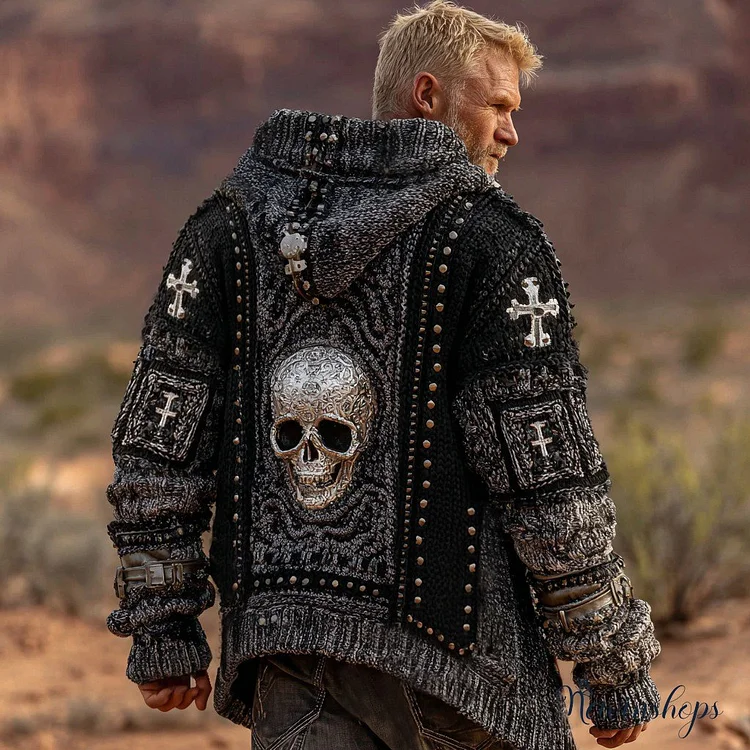Men's Dark Style Skull Cross Inspired Knitted Cozy Zipper Up Hooded Cardigan