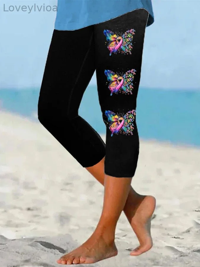 Women's Cancer Butterfly Ribbon We Believe in Miracles Fight In All Color Print Cropped Leggings
