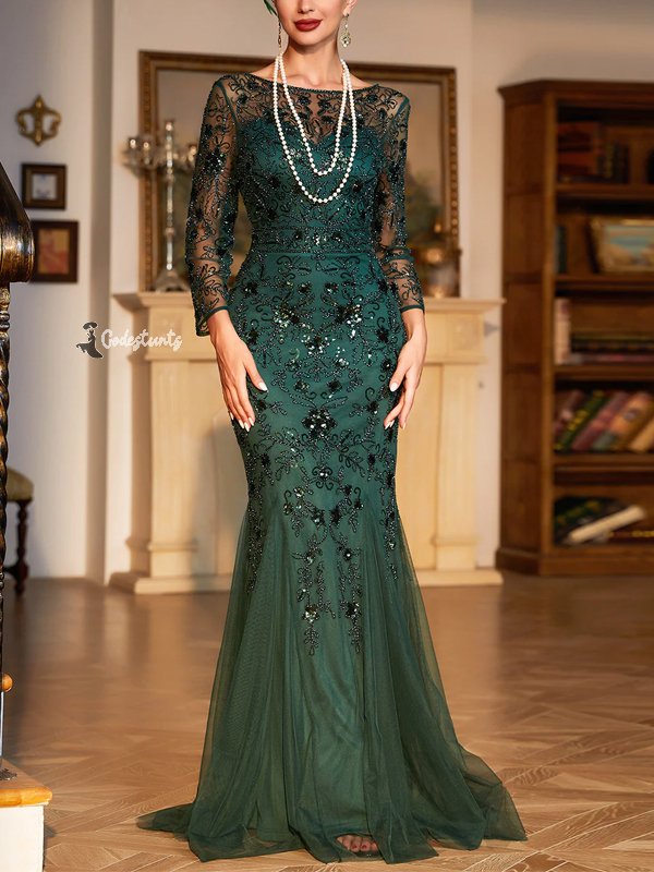 Round Neck Long Sleeve Mesh Sequins Solid Color Maxi Dress