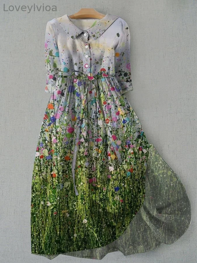 Women's Vintage Floral Oil Painting Design Printed Lace-Up Dress