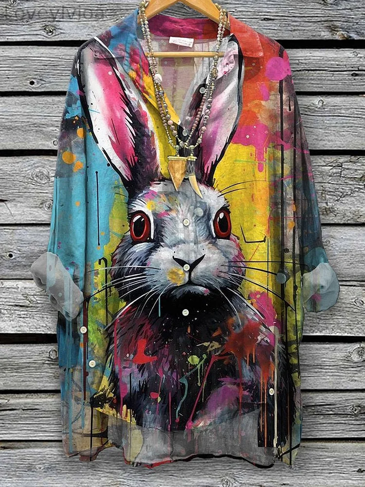 Street Art Style Splash Paint Bunny Art Printed Women's Casual Cotton And Linen Shirt